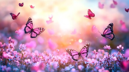 Pink butterflies among blossoming flowers
