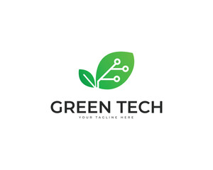Green Tech Logo with Single Leaf and Circuit Design on White Background leaf logo circuit board logo