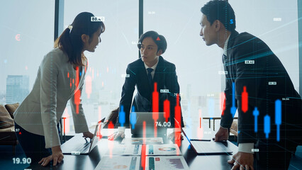 会議するビジネスパーソンのグループと金融市場イメージ