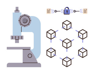 Microscope emphasizes research while blockchain elements showcase interconnectedness, data sharing, and encryption. Ideal for technology, science, innovation, research, data privacy, security