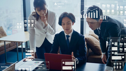 A group of business people having a meeting and software image