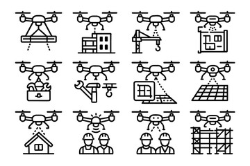 Construction drone crane safety blueprint workers icon vector flying icons surveying beam