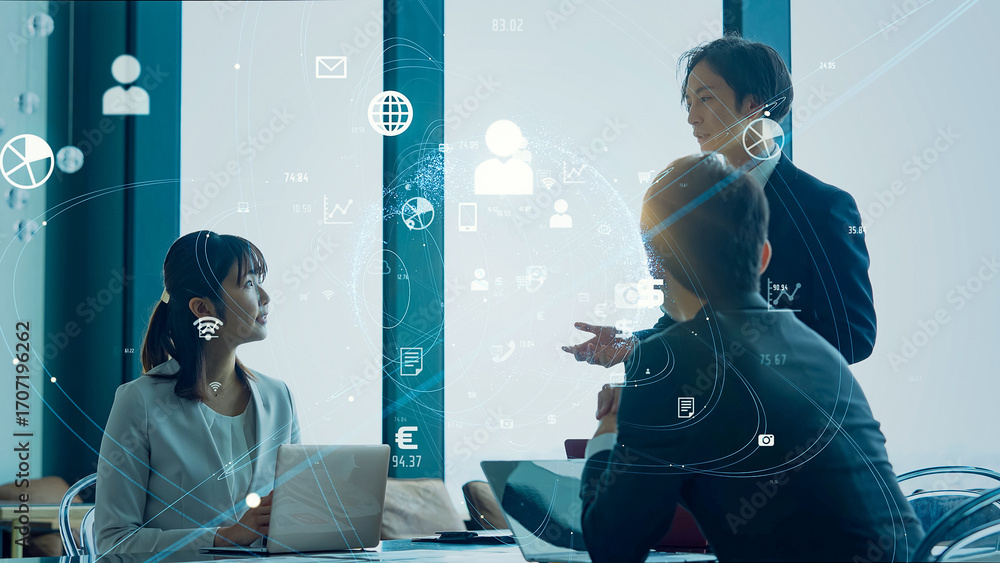 Fototapete ネットワーク、ビジネス、ビジネスパーソン、グループ、チームワーク、dx、iot、erp、アプリ、会議、ミーティング、企業、アイコン、オンライン、インターネット、web、研修、教育、ソフトウェア、saa