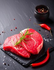 Fresh raw beef steaks on a slate board