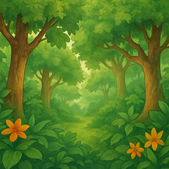 Obraz premium Lush green forest with vibrant orange flowers.