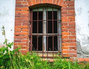 Obraz premium Aged brick building with barred window
