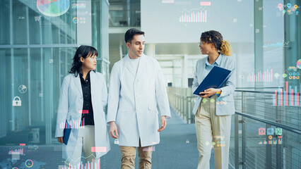 Multinational group of people in white coats walking and talking with statistical data