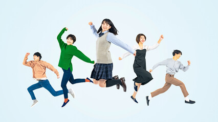 ジャンプする若者のグループ