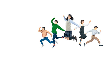 ジャンプ、若者、学生、教育、成長、受験、高校生、アクティブ、挑戦、チャレンジ、若い、元気、飛躍、大学生、受験生、成功、サクセス、目標、競争、努力、がんばる、笑顔、ポジティブ、やる気、モチベーション、喜ぶ、嬉しい、ラッキー、日本人、Z世代、20代、飛ぶ、躍動感、アクション、跳躍、広告、コピースペース、飛び出す、社会、スタート、白バック、出発、男性、女性、学習塾、勉強、学習、カジュアル、制服、人物