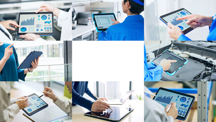 様々なシーンでタブレットを使う人々のコラージュ映像 © metamorworks