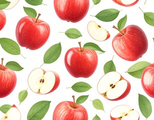 Fresh red apples and leaves on a white background