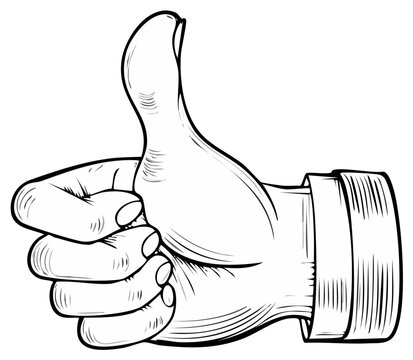 Vintage Etching of Hand Gesture Thumb Up Symbol Approval Encouragement Success Illustration