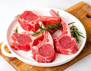 Fresh raw lamb ribs on a white plate, garnished with rosemary sprigs