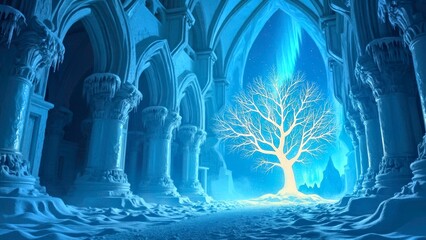 Blue glowing tree architectural art scene