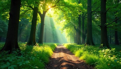 Fototapeta premium Sun-dappled forest path, lush green canopy overhead, sunlight filtering through leaves, creating a magical atmosphere Perfect for nature, travel, and environmental themes , summer, wild