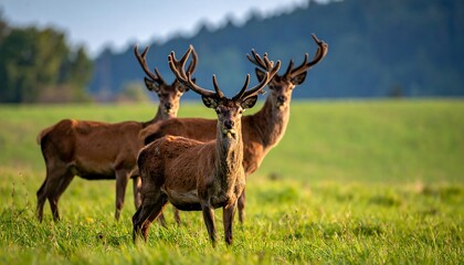 Three red deer in a grassy field at dawn