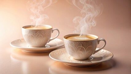 Fototapeta premium Two Elegant Cups of Aromatic Coffee with Steam Rising on a Subtle Background