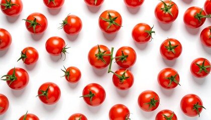 Fresh red cherry tomatoes arranged on a white background