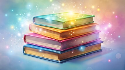 Stack of Colorful Books with Magical Glow and Sparkles.