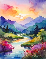 Colorful watercolor landscape of a river flowing through mountains at sunset