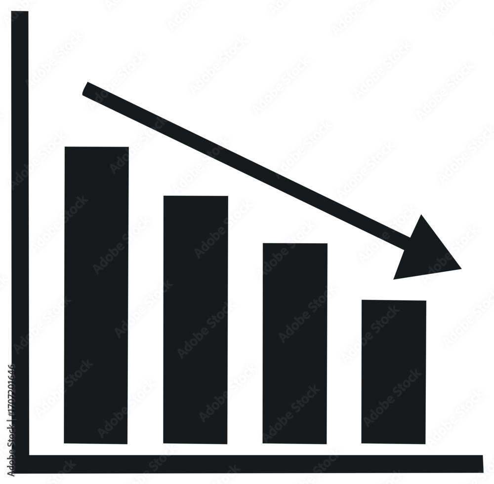 Poster bar chart with decreasing arrow icon symbolizing recession downturn and business failure