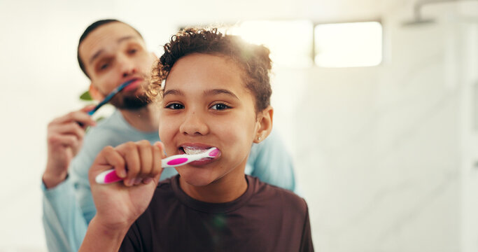 Child, father and brushing teeth with portrait in bathroom for fresh breath, oral hygiene and bonding. Family, girl and man for dental health, cleaning mouth and POV to remove plaque in house - Powered by Adobe