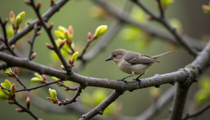 Brown bird resting on a tree branch with spring buds