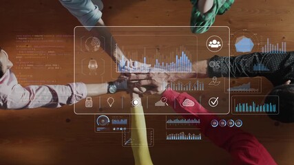 A collaborative scene featuring multiple hands above a digital interface displaying graphs and charts, emphasizing teamwork and analytics in a modern workspace. Raster - Powered by Adobe
