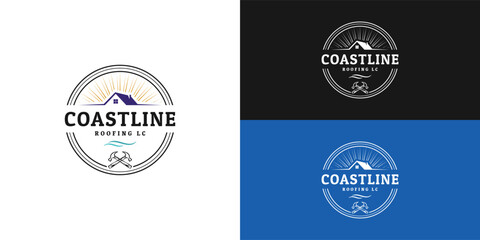 A vintage-style logo for a roofing company, featuring a stylized house silhouette under thin sun rays and a wave, all within a circular emblem with the words "COASTLINE ROOFING LC" and crossed hammers © Miftakhul