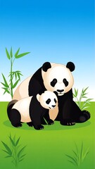 Obraz premium Panda mother and cub in a grassy field