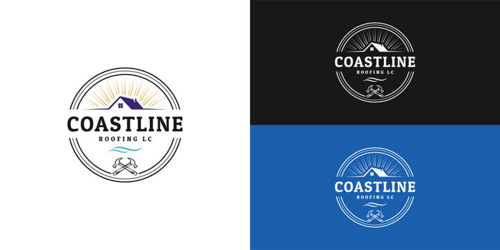A vintage-style logo for a roofing company, featuring a stylized house silhouette under thin sun rays and a wave, all within a circular emblem with the words "COASTLINE ROOFING LC" and crossed hammers
