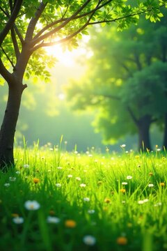 Sunlight dapples a vibrant green meadow, slender branches reaching skyward, creating a tranquil and idyllic scene Perfect for nature, spring, or environmental themes , vegetation, light, scenery