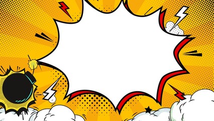 Comic Book Style Explosion Background with Speech Bubble and Cartoon Elements