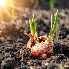 Sprouting onion bulb in rich soil, sunlight