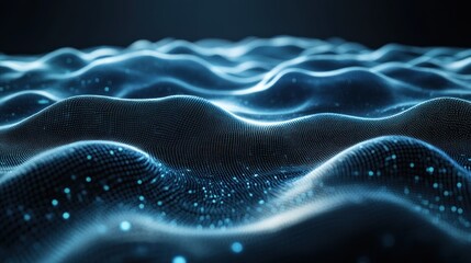 Naklejka premium Abstract digital wave pattern. Dark blue, textured surface with subtle light blue dots. Soft, undulating forms