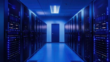Fototapeta premium Dark server room lit by blue light. Rows of metal server cabinets line a long corridor. A door is visible in the distance