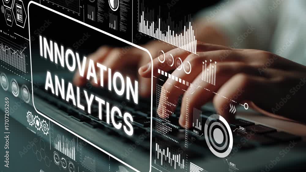 Poster Hands Typing on a Keyboard with Data Analytics and Innovation Graphics in a Digital Workspace. Asymptotic smart data analytic.