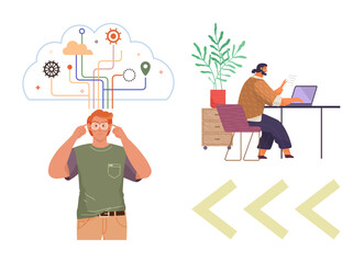Man visualizing thoughts as schematic cloud diagrams beside a person working on a laptop at a desk. Ideal for creativity, brainstorming, innovation, teamwork, focus, productivity, digital solutions