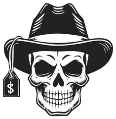 Skull with Cowboy Hat and Price Tag Graphic Black and White Illustration