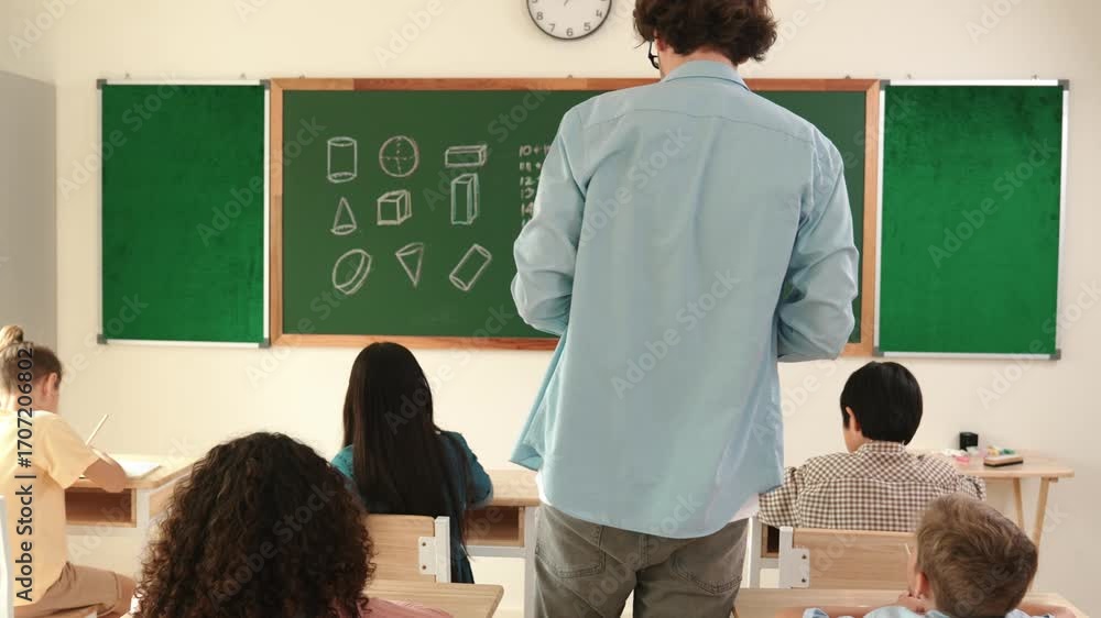 Poster back view of caucasian teacher walking to in front of class and point at board while diverse student