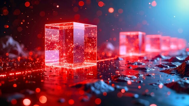 Red glowing block technology art scene