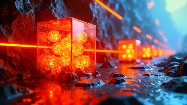 Red glowing block technology art scene