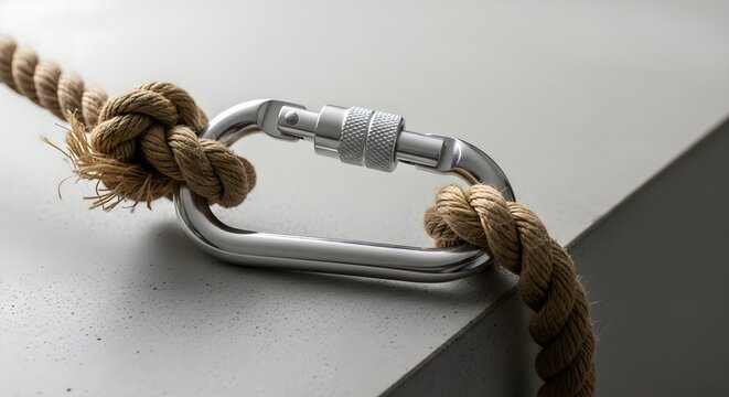 A sturdy metal carabiner securely fastening a thick natural rope to a concrete ledge, captured in a close-up, high-angle shot with a cool, neutral mood.
