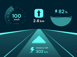 Electric Vehicle Dashboard User Interface with speedometer, battery percentage panel and navigation system automobile futuristic technology vector design concept. EV car ui design for  ev industry. © Anan