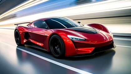 A sleek red sports car, speeding through a brightly lit tunnel, leaving streaks of light in its wake. Focus is on the dynamic movement