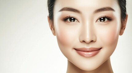 Obraz premium Close-up of a woman with flawless skin and subtle makeup