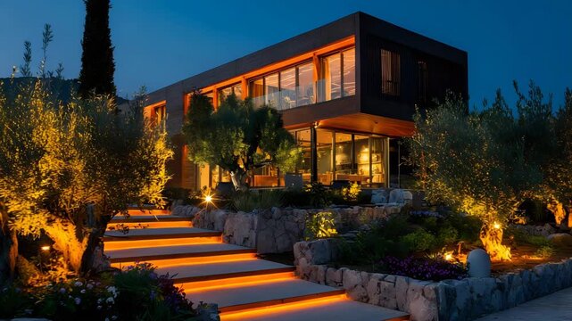 Modern villa glowing under golden-orange evening lights, garden decorated with illuminated trees and shrubs
