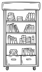 Black and white outline drawing of a classic bookshelf filled with books and a vintage telephone