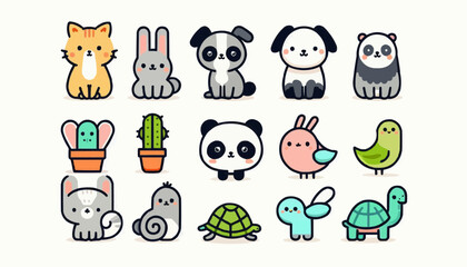 Cute Cartoon Animals and Plants Collection, Kawaii Pet Characters, Vector Illustration