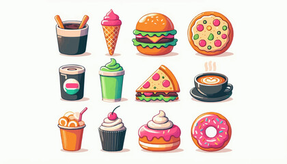Delicious cartoon fast food collection pizza burger ice cream coffee donuts